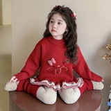 女童加绒毛衣冬季2025新款卡通女一体绒毛线衣冬装儿童针织衫，童装毛衣，祺妙童装