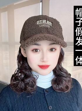 假发帽子一体秋冬新款妈妈发短卷发千鸟格八角帽慵懒气质全头套