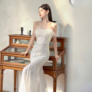 晚礼服气质2026幻彩人鱼姬羽毛抹胸连衣裙显身材鱼尾裙派对小礼服
