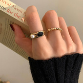 金属黑玛瑙戒指时尚 韩版 小众复古设计个性 轻奢气质百搭开口指环