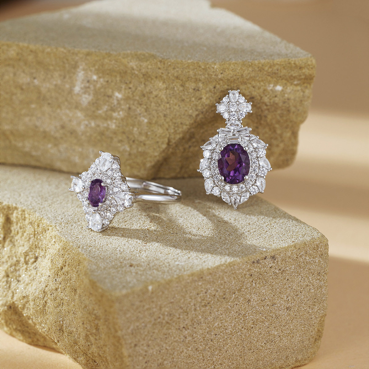 欧美风紫水晶饰品s925纯银首饰时尚项链戒指女镶钻爆闪亮女戒轻奢