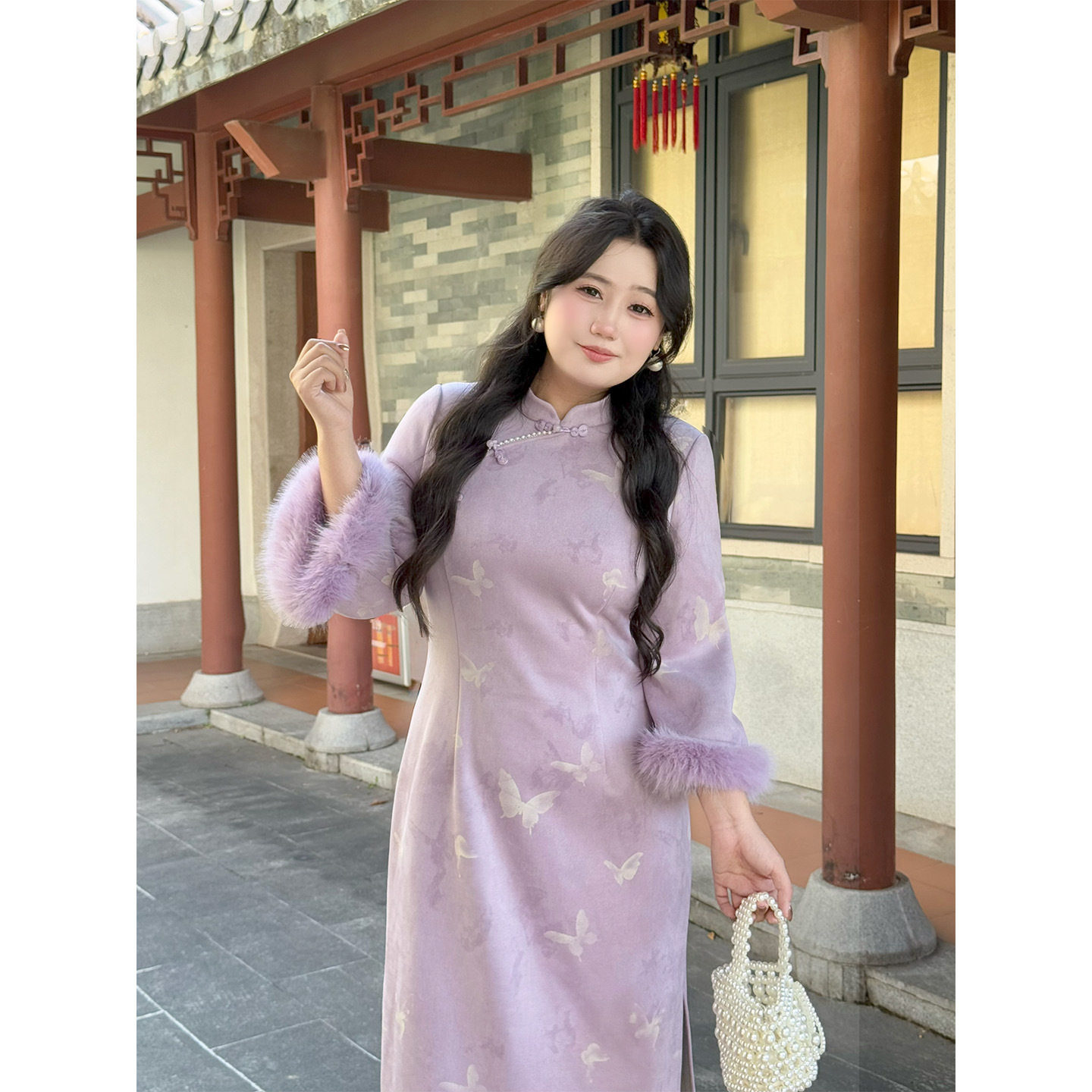 韩版气质紫色优雅年轻2025冬季新款修身显瘦新中式国风大码旗袍潮