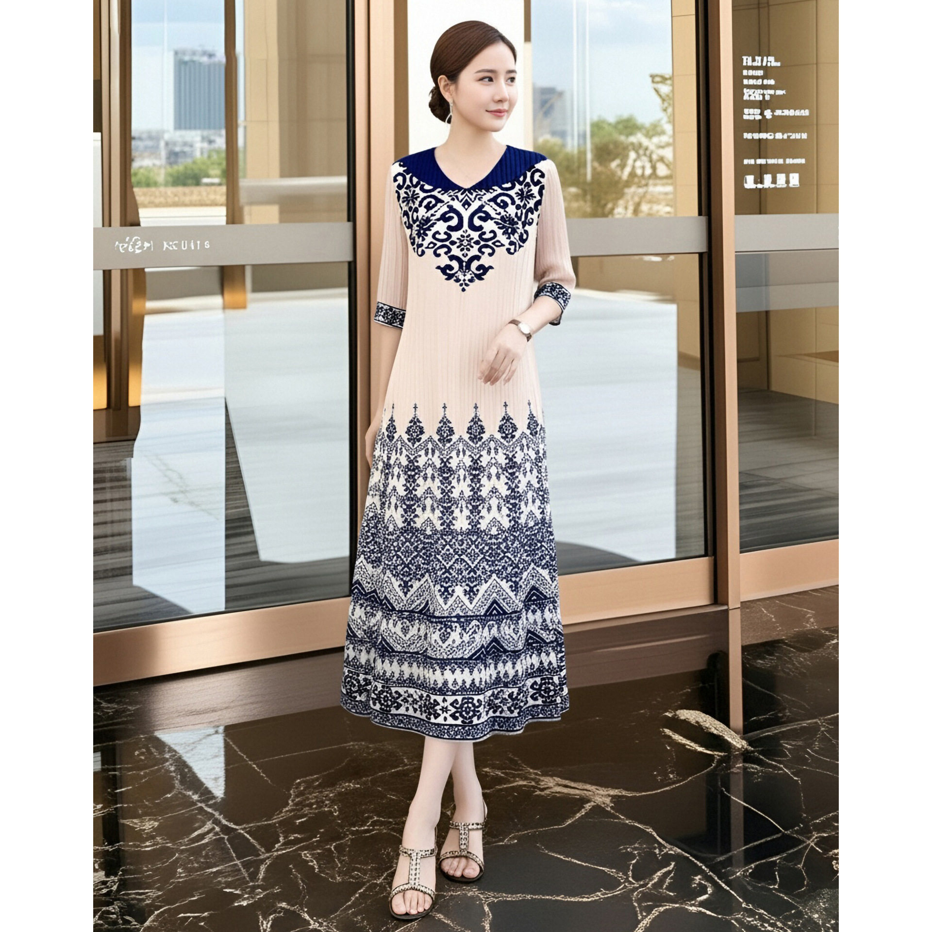 2026春装新款新中式青花瓷褶皱连衣裙妈妈装宽松显瘦减龄气质长裙