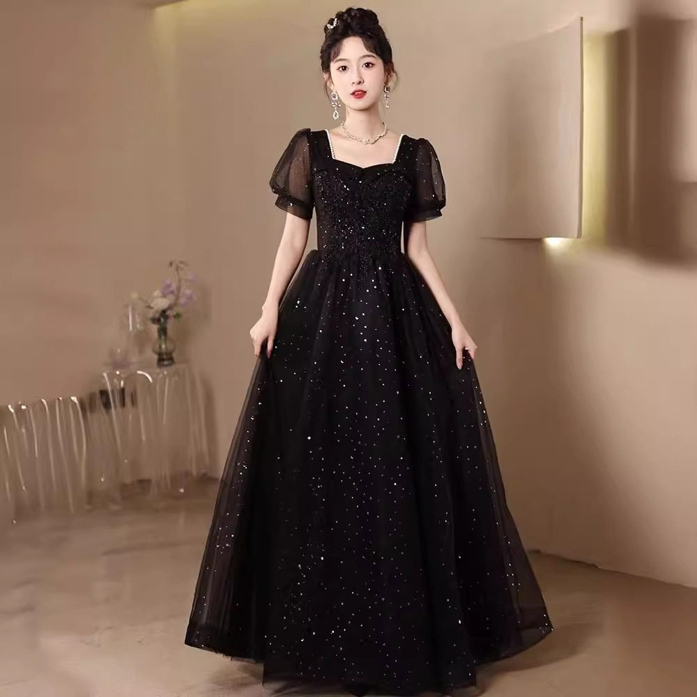 黑色晚礼服裙2026新款时尚亮片主持人年会连衣裙气质学生艺考礼服