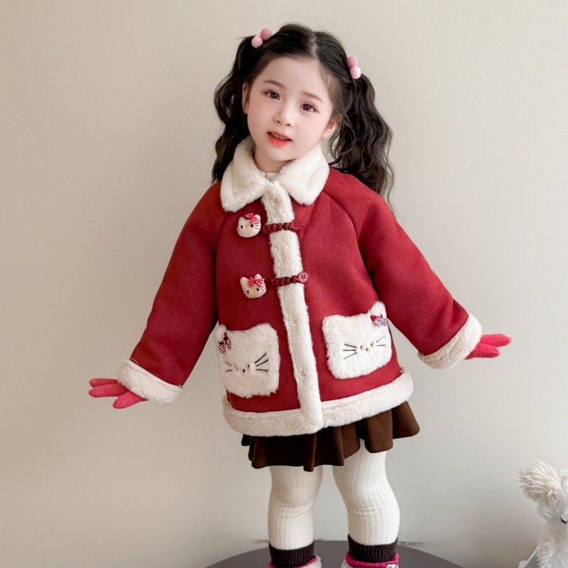 女小童加绒外套秋冬款2025新款儿童加厚保暖冬装皮毛一体上衣P83，童装外套，祺妙童装