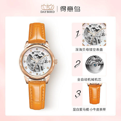手表女正品得意鸟DAYBIRD新款小表盘多面菱形镂空自动机械女表