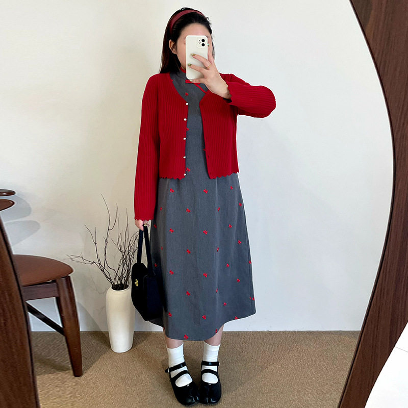 乃粒大码中式刺绣背心裙开衫针织套装26春胖mm连衣裙两件套NT1372