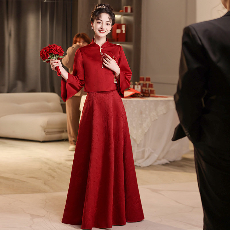 红色敬酒服新娘旗袍出阁套装结婚当天便装回门新中式订婚礼服裙