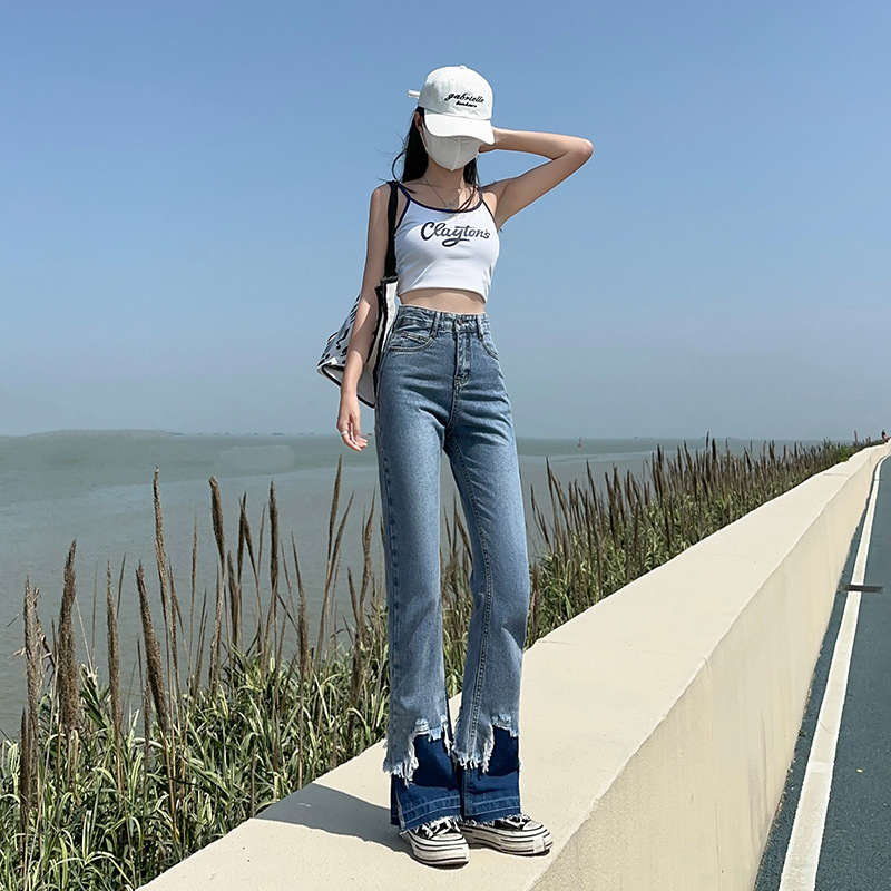 腰窄版毛边破洞直筒牛仔裤女2024春季新款撞色小个子阔腿牛仔裤