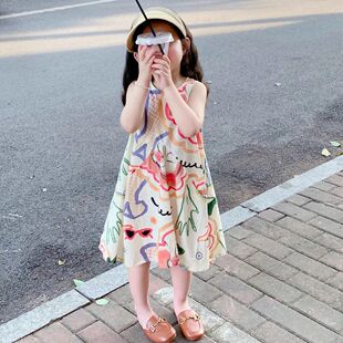 米素童装2023夏季新款背心裙女童韩版涂鸦连衣裙儿童卡通无袖裙子
