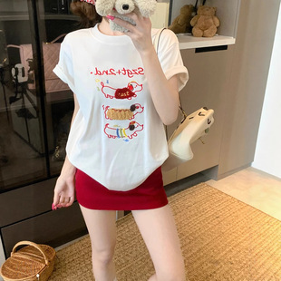 t恤女夏2025新款 慵懒风腊肠狗刺绣纯棉短袖 韩系显瘦圆领百搭上衣