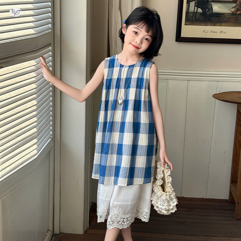 女童夏装2025新款格子彩条花边裙套装中大童甜美无袖长裙儿童两件，童装休闲套装，祺儿童装