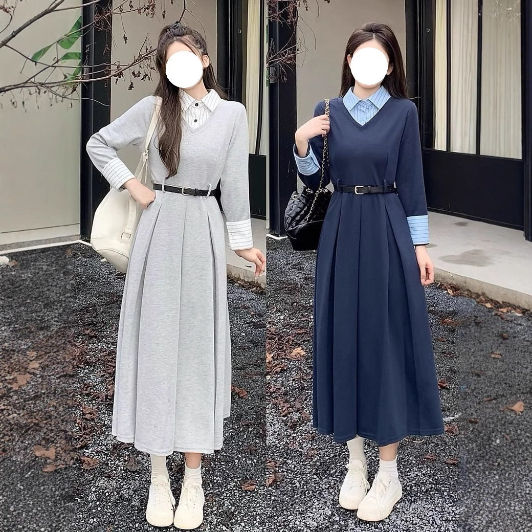女装学院风入秋穿搭配一整套假两件连衣裙子女秋装新款长裙