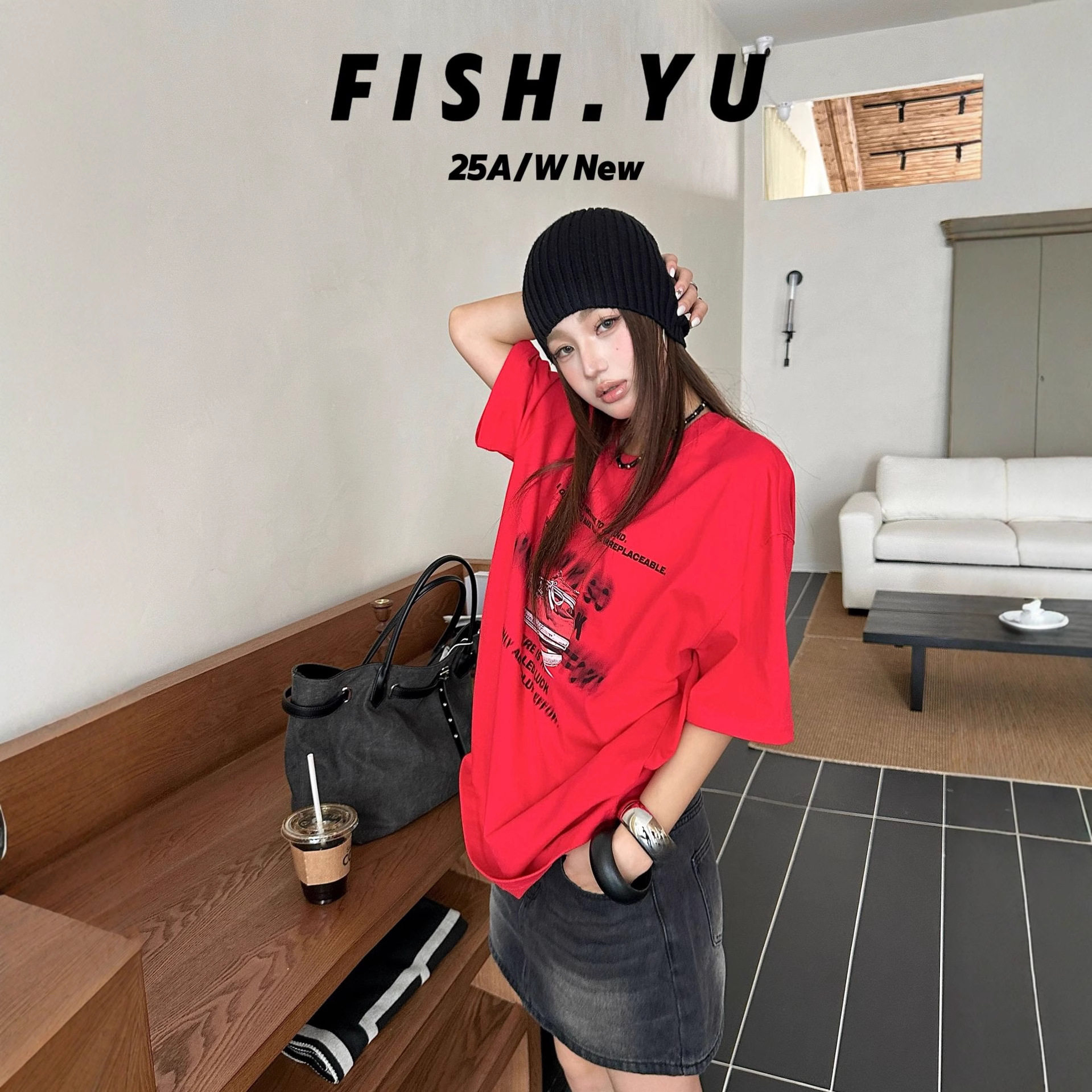 FISHYU 早秋新款美式复古帮帆布鞋字母印花磨毛宽松圆领短袖t恤女