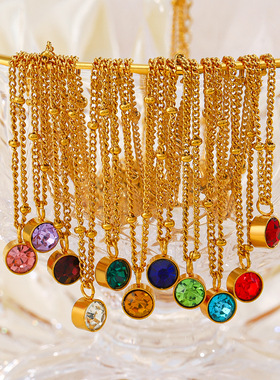 欧美十二月份项链女INS风时尚流行百搭18K金不锈钢镶钻生辰石项链