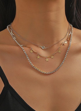 亚马逊跨境热卖首饰套装欧美五角星叠戴锆石金属项链多层项链新款