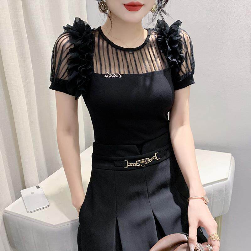 欧洲站女装新款条纹性感网纱小众设计V领双肩花边时尚小衫短袖T恤