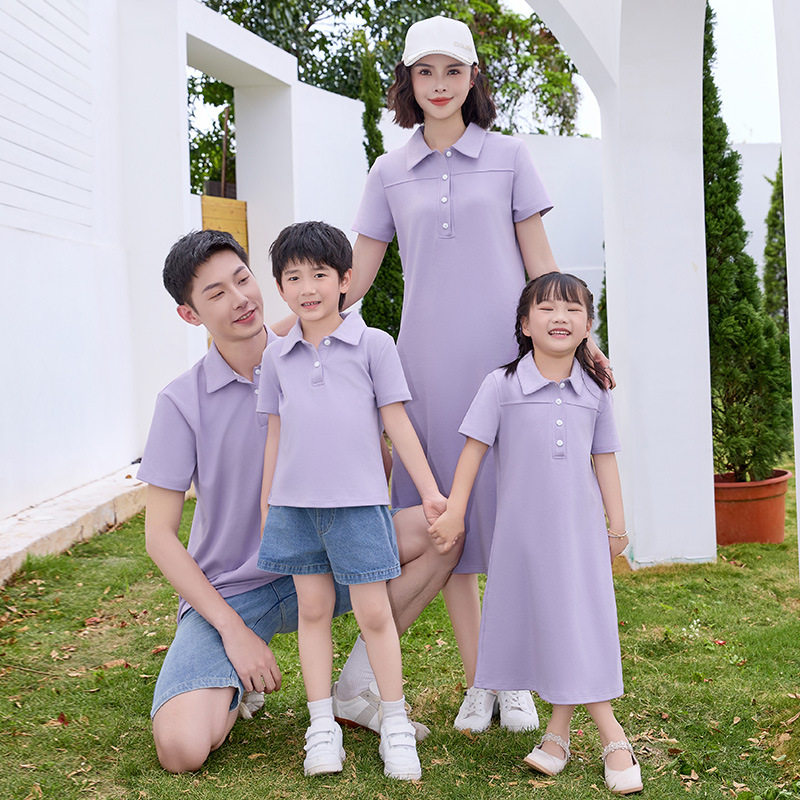 紫色亲子装夏季一家四口polo衫短袖套装全家旅游度假母女连衣裙潮