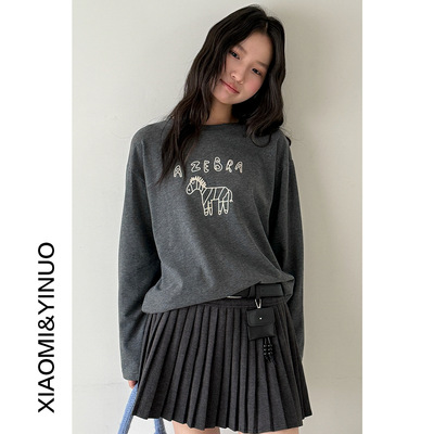 【欧凡】休闲小马植绒印花圆领长袖T恤女宽松显瘦磨毛棉上衣3245