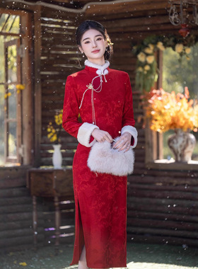 红色秋冬加绒加厚改良旗袍中式2024敬酒新款订婚端年轻连衣裙女
