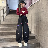 女童2025年冬季新款卡通印花加绒牛仔裤女孩小行星宽松修身阔腿裤，童装裤子，祺儿童装