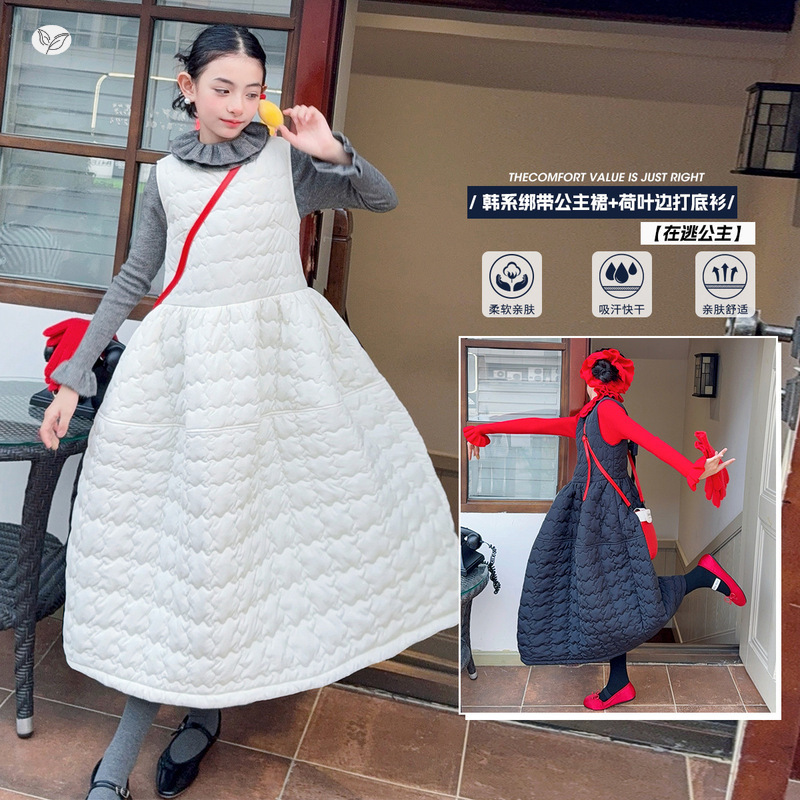 女童2025年冬季新款韩系绑带公主裙女大童冬季加绒保暖时尚小套装，童装休闲套装，祺儿童装