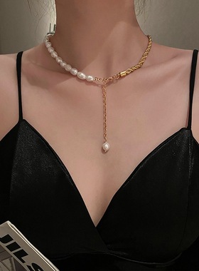 SPARKLE「珠链交错」半珍珠项链冷淡风个性气质简约锁骨颈链饰品