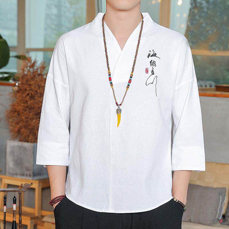 亚麻棉短袖t恤装中国风七分袖男士盘扣五分袖上衣V领薄款悟空有货