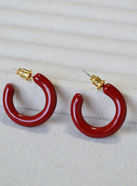 新年喜庆复古红色简约气质百搭红色珐琅C字耳圈925银针耳环耳饰女