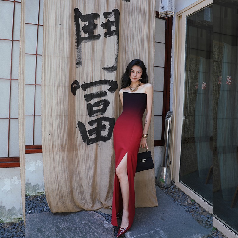 赵三观过火渐变抹胸连衣裙女2025新款宴会晚礼服设计感小众长裙子