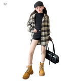 女童外套2025秋季新款连帽格子衬衫中大童休闲中长款开衫儿童上衣，童装衬衫，祺儿童装