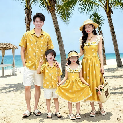 亲子装夏装沙滩海边旅游度假刺绣小雏菊花衬衫波西米亚母女连衣裙
