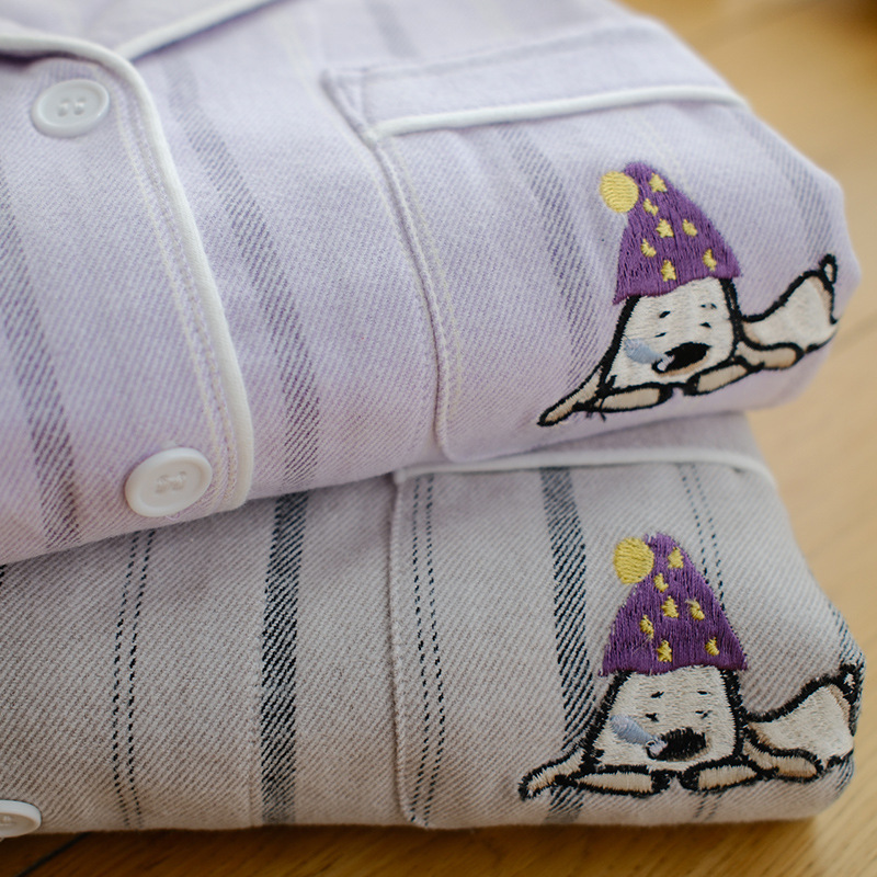 MUEJ原单情侣睡衣男女士秋冬加厚纯棉磨毛加厚条纹家居服套装大码