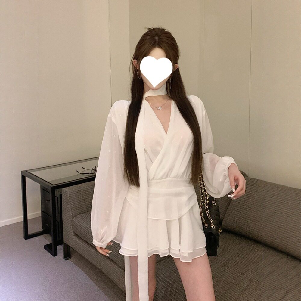 雪纺长袖套装女辣妹风短款裙装时尚休闲大码纯欲性感v领春夏秋冬
