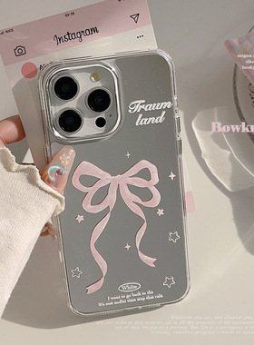 Cartoon pink bow mirror Case适用iphone 11 12 13 14 15 16 plus 17 pro max