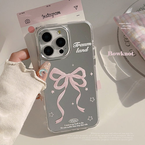 Cartoon pink bow mirror Case适用iphone 11 12 13 14 15 16 plus 17 pro max