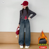 女童加绒牛仔裤2025秋冬新款中大童后袋印花阔腿裤格纹皮标直筒裤，童装裤子，祺儿童装