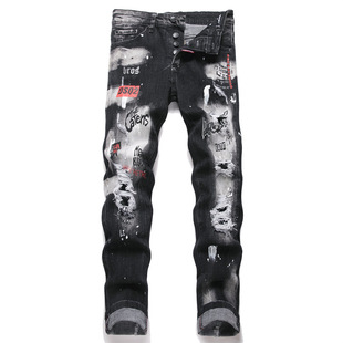 欧美高街潮流男士牛仔裤朋克磨白印花破洞贴布休闲小脚裤修身中腰