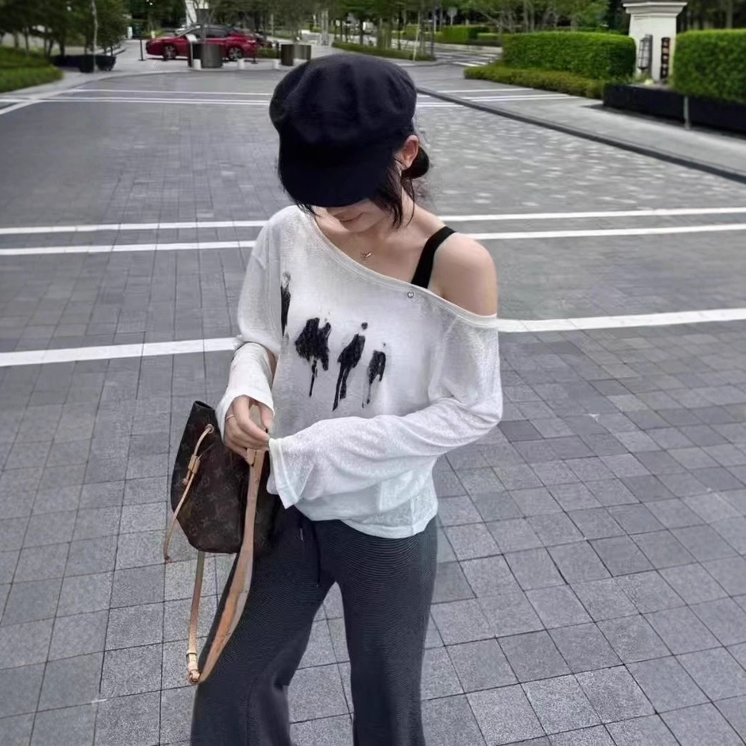 韩版宽松露肩人物印花长袖T恤女2025夏季新款慵懒风龄百搭上衣潮
