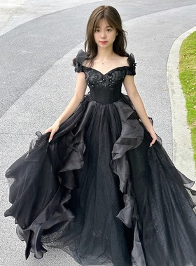 黑色蓬蓬裙长款一字肩绑带中腰涤纶2026秋季成人礼晚礼服女装新