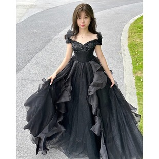 新 成人礼晚礼服女装 黑色蓬蓬裙长款 一字肩绑带中腰涤纶2026秋季