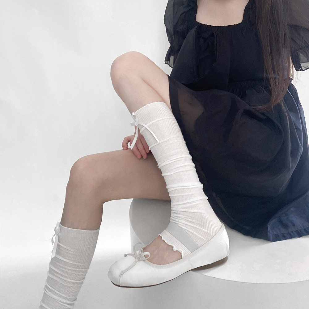 日系新品芭蕾风木耳边蝴蝶结踩脚袜套中筒堆堆袜洛丽塔少女小腿袜
