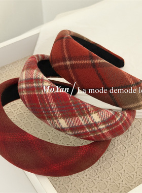 圣诞新年红色系复古格纹海绵发箍高颅顶质感头箍新款宽版外出发卡