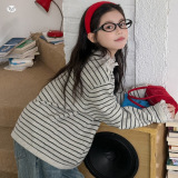 女童2025年春秋新款领口蕾丝花边条纹毛衣女大童门禁扣休闲针织衫，童装毛衣，祺儿童装