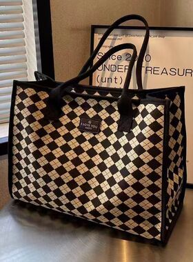 帆布包包女外出大容量格子百搭肩学生上课通勤手提袋托特妈咪包