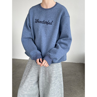 韩系字母印花加绒卫衣女2026春季 慵懒风减龄圆领宽松套头T恤 新款