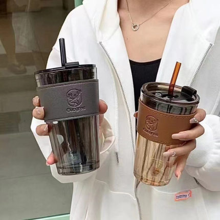 ins高级感精致男女生双饮玻璃咖啡杯耐热家用办公轻奢带盖吸管杯