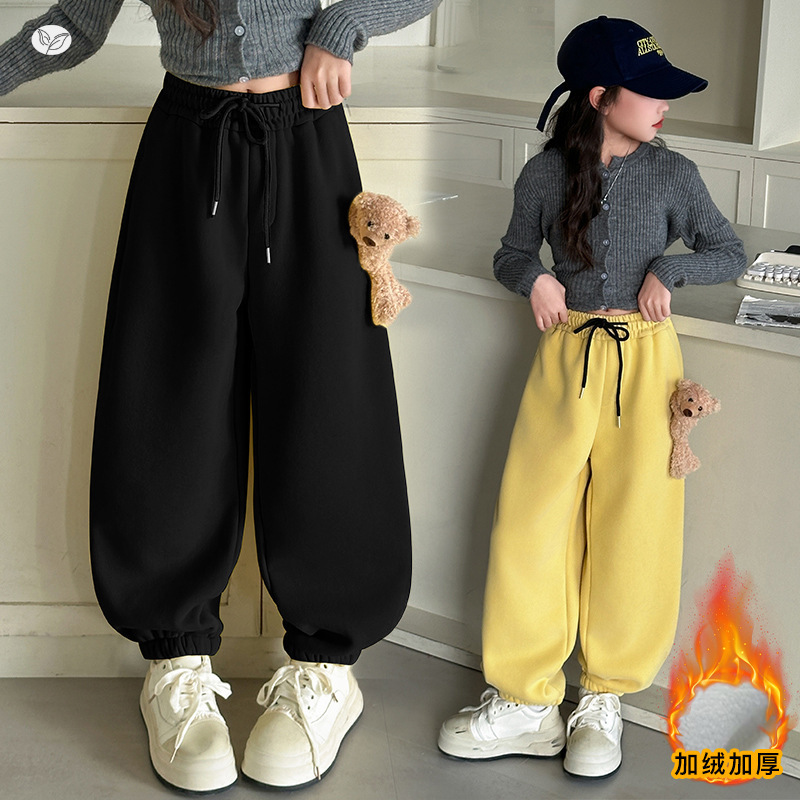 女童加绒小熊卫裤2025年秋冬新款中大童卡通阔腿裤束脚裤休闲长裤，童装裤子，祺儿童装