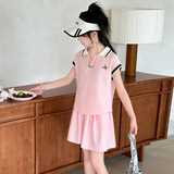 女童夏季polo短袖T恤学院风短裤套装中大童女孩洋气时髦儿童夏装t，童装休闲套装，祺妙童装