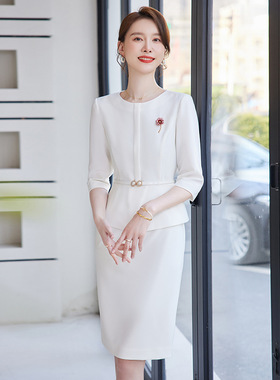 白色职业连衣裙新款气质名媛修身高端主持人正装假两件文秘工作服